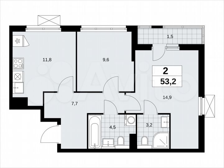 2-к. квартира, 53,2 м², 4/19 эт.