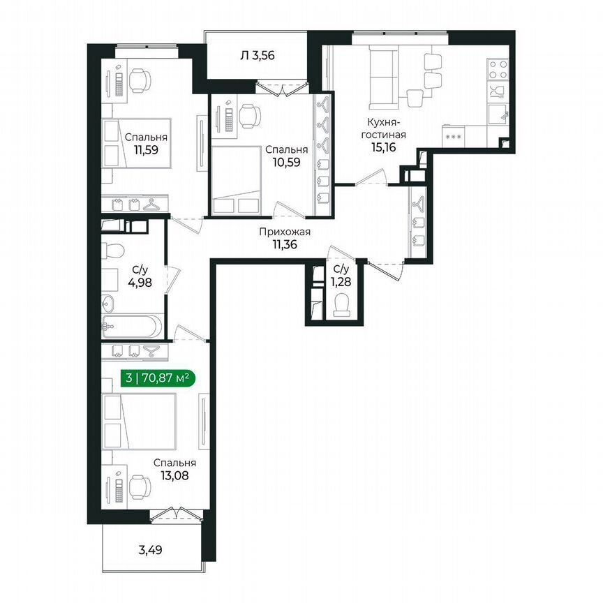 2-к. квартира, 70,9 м², 6/8 эт.