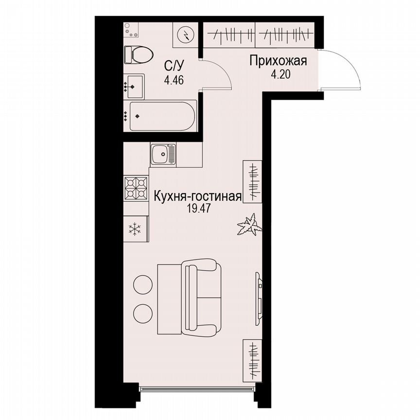 Квартира-студия, 28,1 м², 2/6 эт.