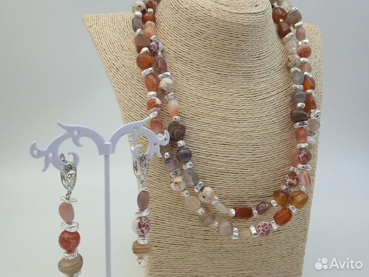 Бусы 96см,серьги 6см натуральный камень