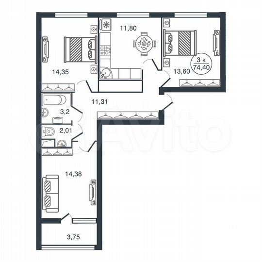 3-к. квартира, 74,4 м², 16/17 эт.