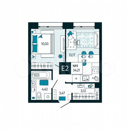 1-к. квартира, 34,2 м², 1/15 эт.