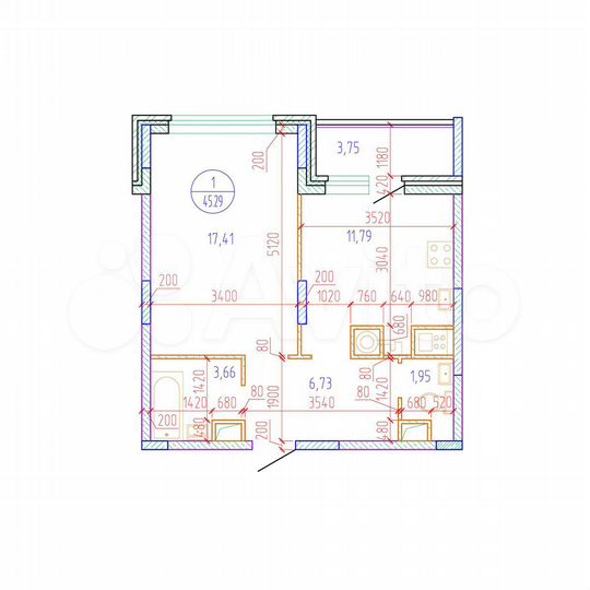 1-к. квартира, 45,3 м², 8/17 эт.
