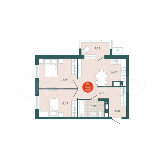 2-к. квартира, 55,2 м², 6/24 эт.