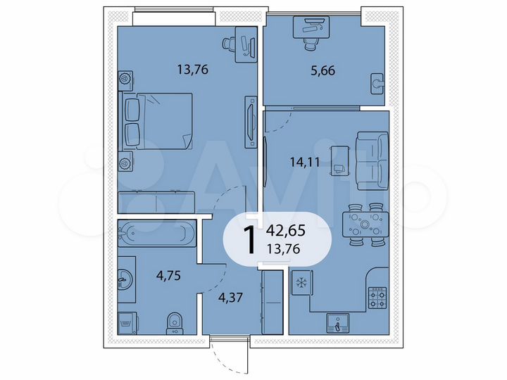 1-к. квартира, 42,7 м², 1/5 эт.