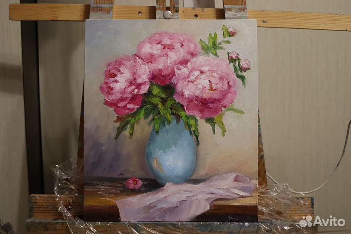 Картина маслом Цветы Пионы 30х35см холст картон