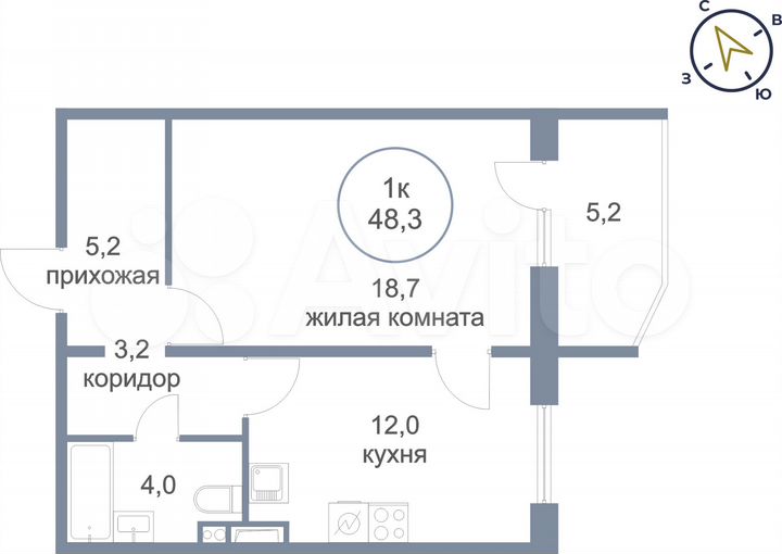 1-к. квартира, 48,3 м², 1/7 эт.