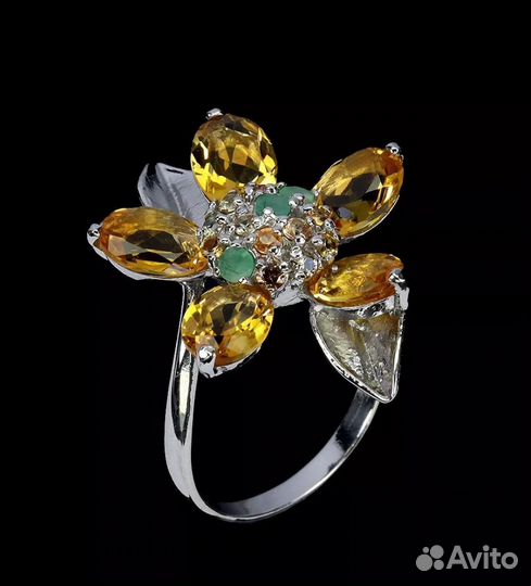 Серебряное кольцо цитрины,изумруды, сапфиры