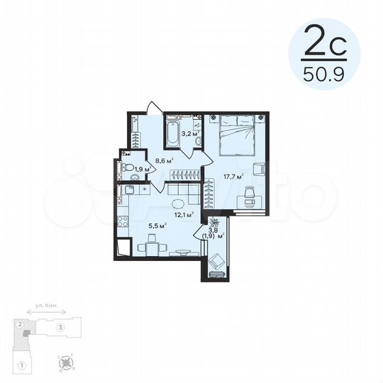 2-к. квартира, 50,9 м², 3/12 эт.