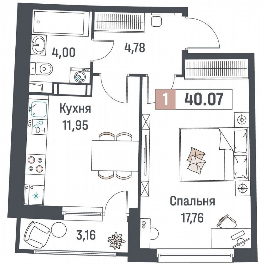 1-к. квартира, 40,1 м², 12/18 эт.