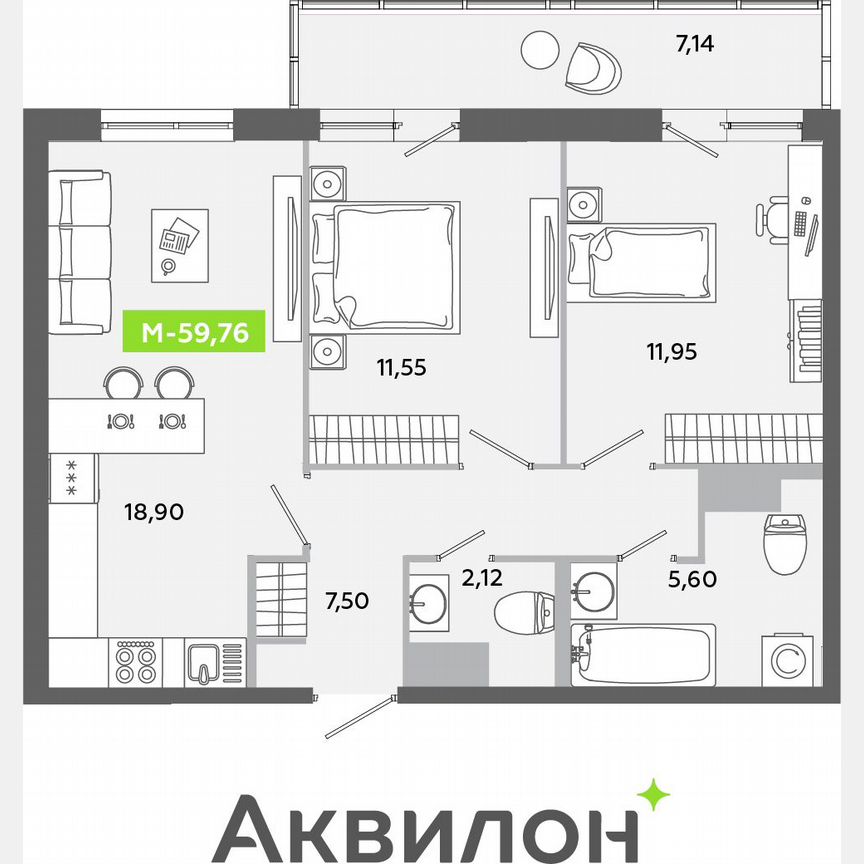 2-к. квартира, 59,8 м², 12/12 эт.