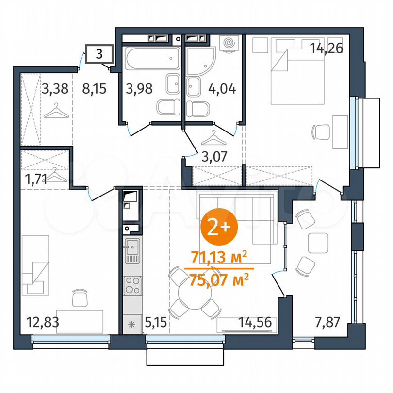 2-к. квартира, 71,1 м², 6/25 эт.