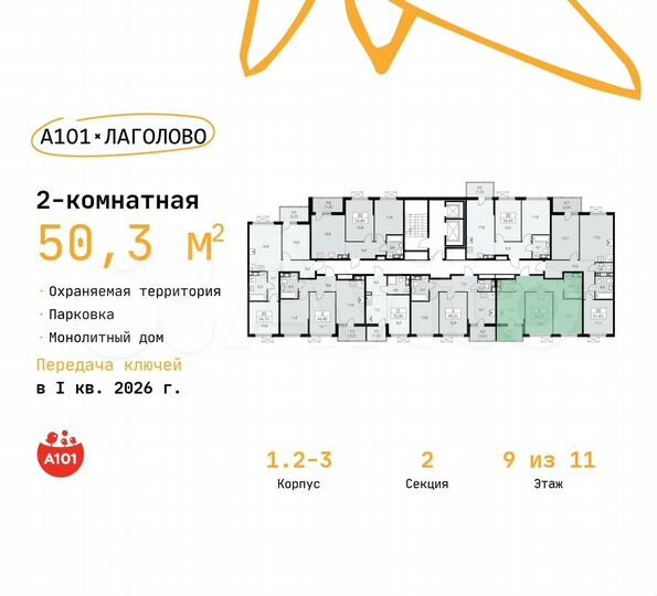 2-к. квартира, 50,3 м², 9/11 эт.