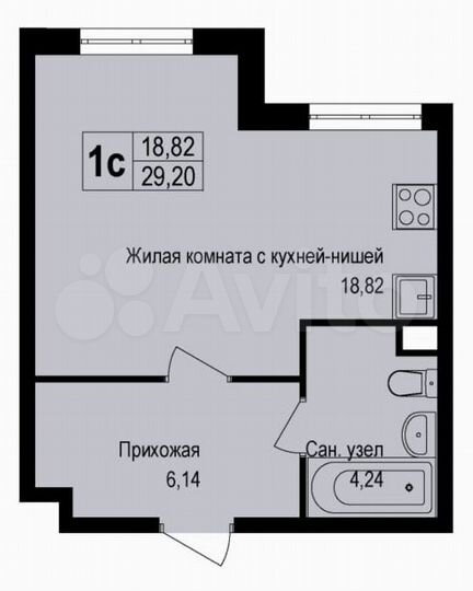 Квартира-студия, 29,4 м², 1/6 эт.