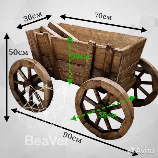 Декоративная телега кашпо для цветов из дерева