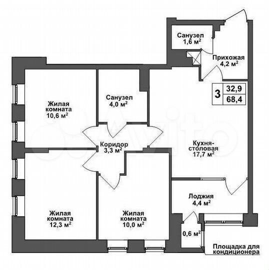 3-к. квартира, 68,5 м², 3/13 эт.