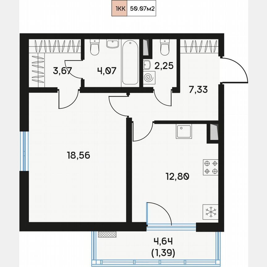 1-к. квартира, 50,8 м², 7/9 эт.