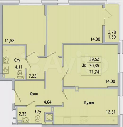 3-к. квартира, 71,7 м², 3/10 эт.