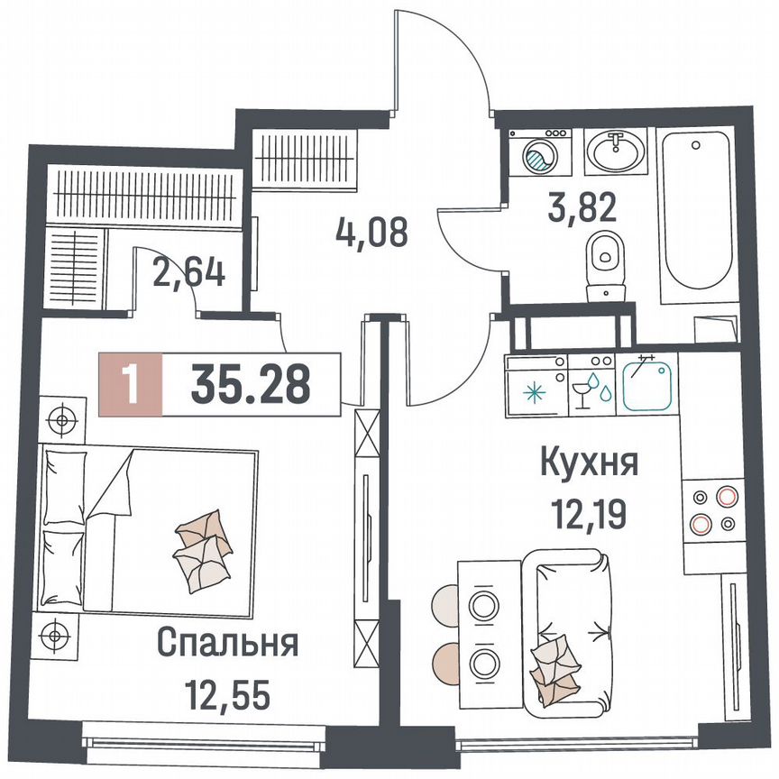 1-к. квартира, 35,3 м², 4/18 эт.