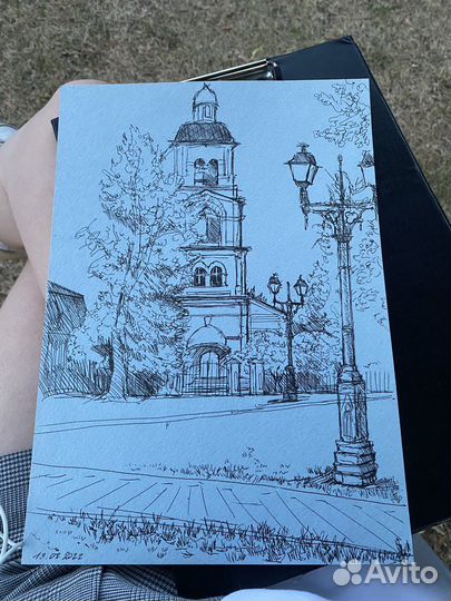 Рисунок пейзаж графика церковь