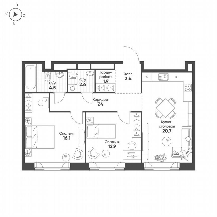 2-к. квартира, 69,5 м², 12/16 эт.