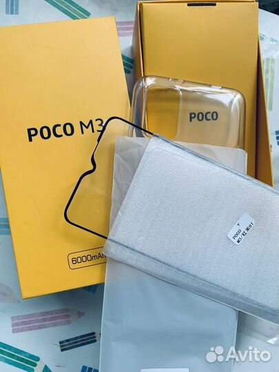 Чехол, защитное стекло, коробка Poco m3