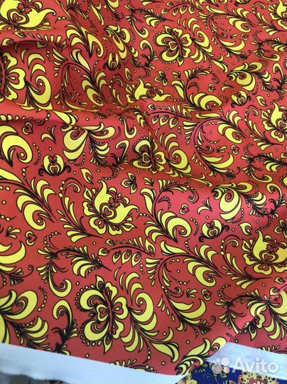 Ткань габардин с народным принтом хохлома гжель