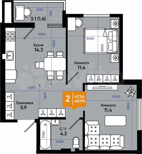 2-к. квартира, 48,9 м², 4/9 эт.