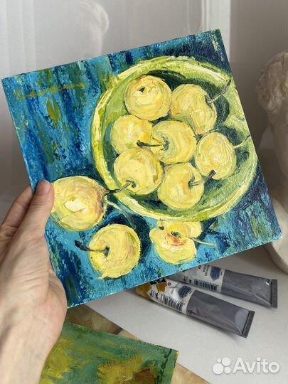 Картина маслом натюрморт с яблоками, 20/20 см