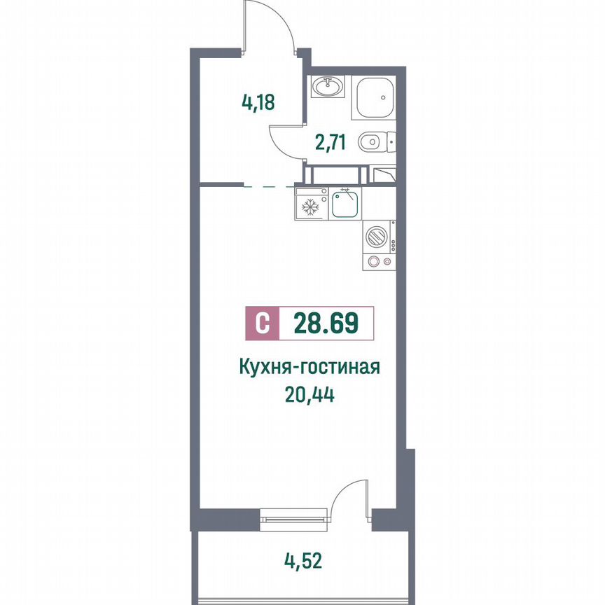Квартира-студия, 28,7 м², 12/16 эт.