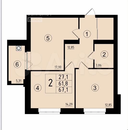 2-к. квартира, 67,1 м², 2/5 эт.