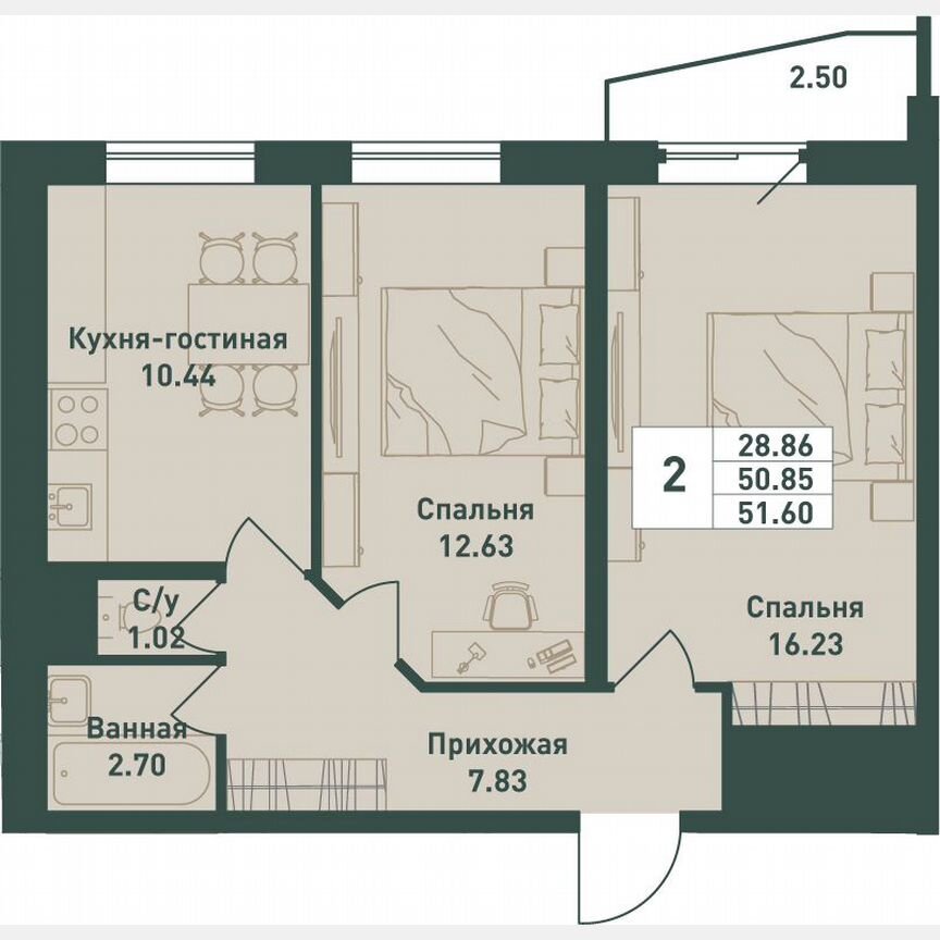 2-к. квартира, 51,6 м², 4/16 эт.