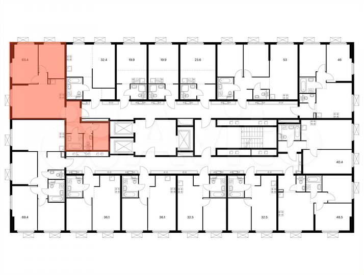 2-к. квартира, 63,4 м², 13/25 эт.