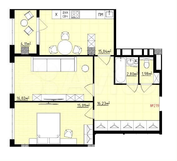 2-к. квартира, 71,3 м², 6/16 эт.