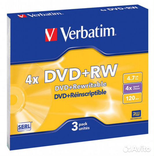 Диск DVD+RW Verbatim 4.7 Gb 4X, уп.3 штуки