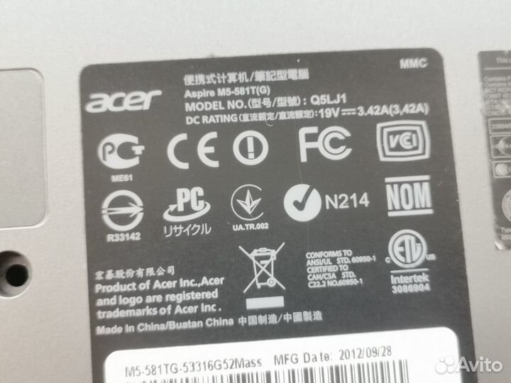 Поддон acer m5-581 m5-581tg q5lj1 ap0o2000a10 б/у