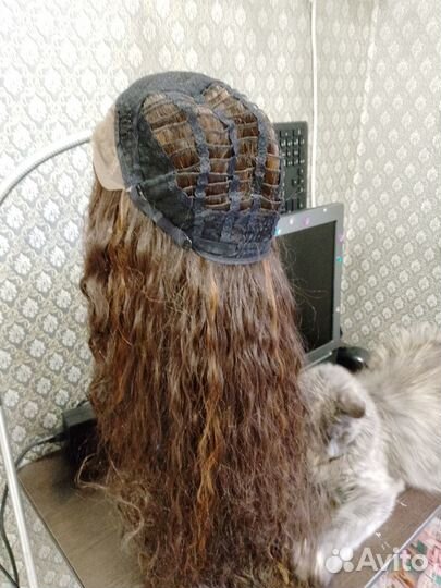 Парик полусистема длинный волнистая шатенка