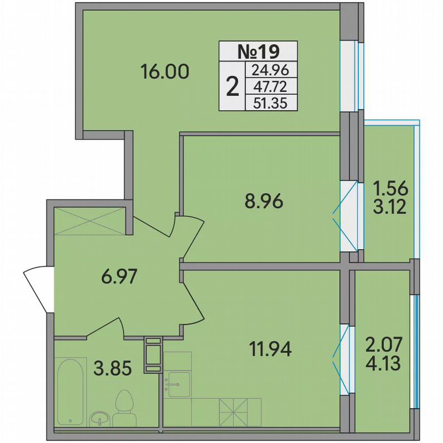 2-к. квартира, 51,4 м², 6/8 эт.