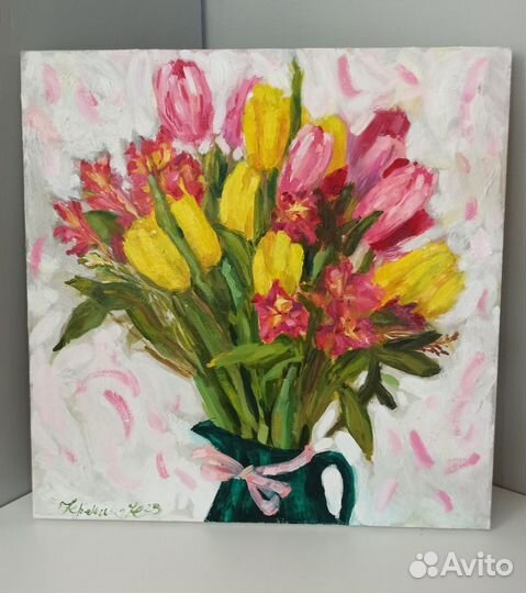 Картина букет тюльпанов на холсте 40 на 40 см