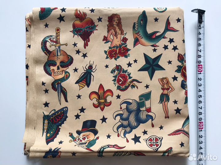 Ткань англия, винтажная, с тату орнаментом
