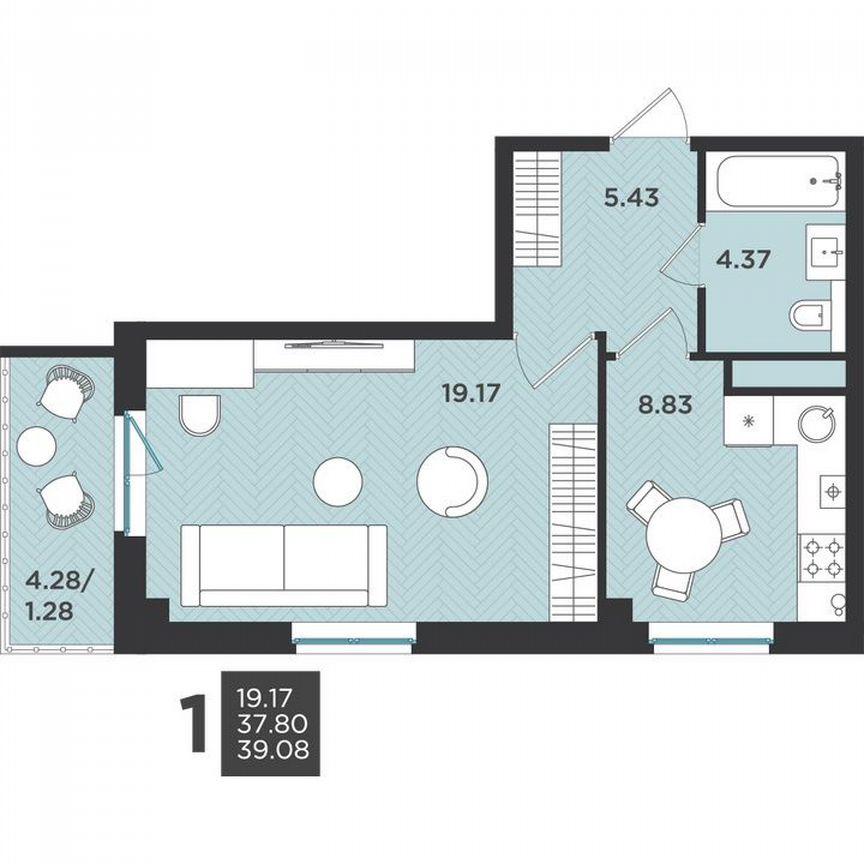 1-к. квартира, 39,1 м², 1/4 эт.