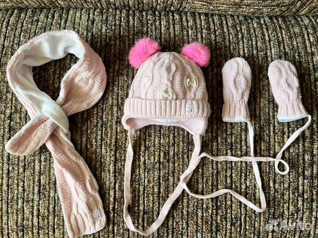Новый Комплект шапка, шарф и варежки от 3 мес