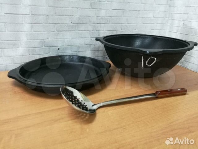 Казан чугунный 10л с крышкой-сковородой +шумовка