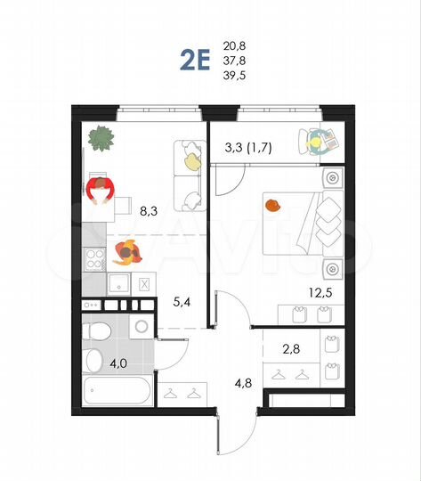 2-к. квартира, 39,5 м², 6/6 эт.