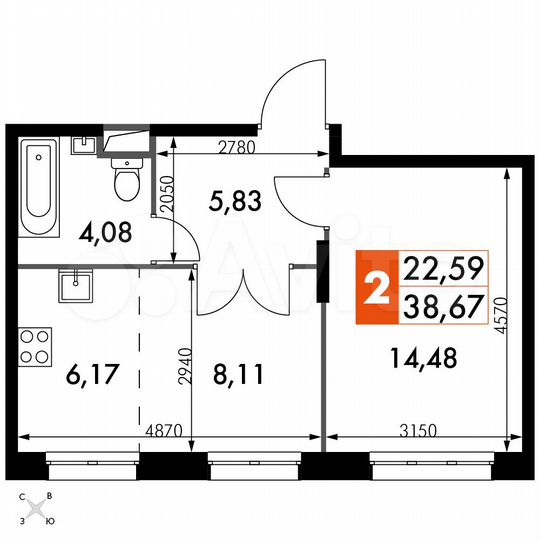 2-к. апартаменты, 38,7 м², 6/15 эт.