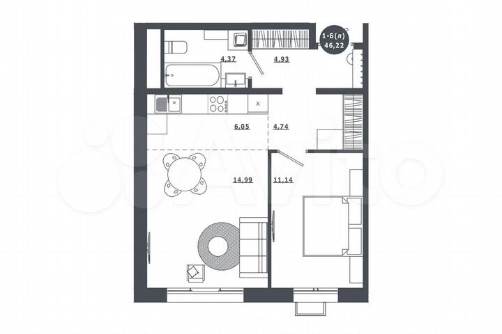1-к. квартира, 46,3 м², 2/16 эт.
