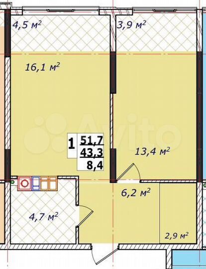 1-к. квартира, 51,7 м², 4/6 эт.