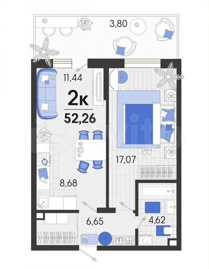 2-к. квартира, 52,3 м², 1/7 эт.