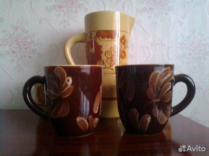 Кувшин и Кружки, Глиняные, Узорная Роспись, СССР