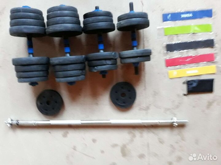Гантели новые 2 по 10, 2 по 15, гриф 125 см